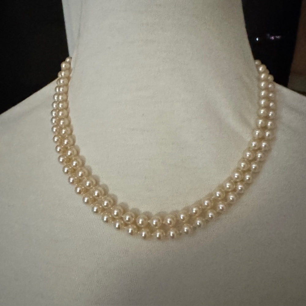 METALL Double Strand Faux Pearl 925 Clasp Gold Wash Necklace Individual Knots